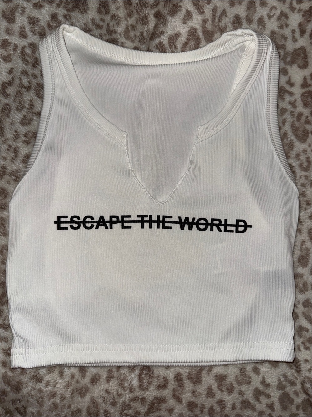 SHEIN White Ribbed Tank with Black 'ESCAPE THE WORLD' Graphic
